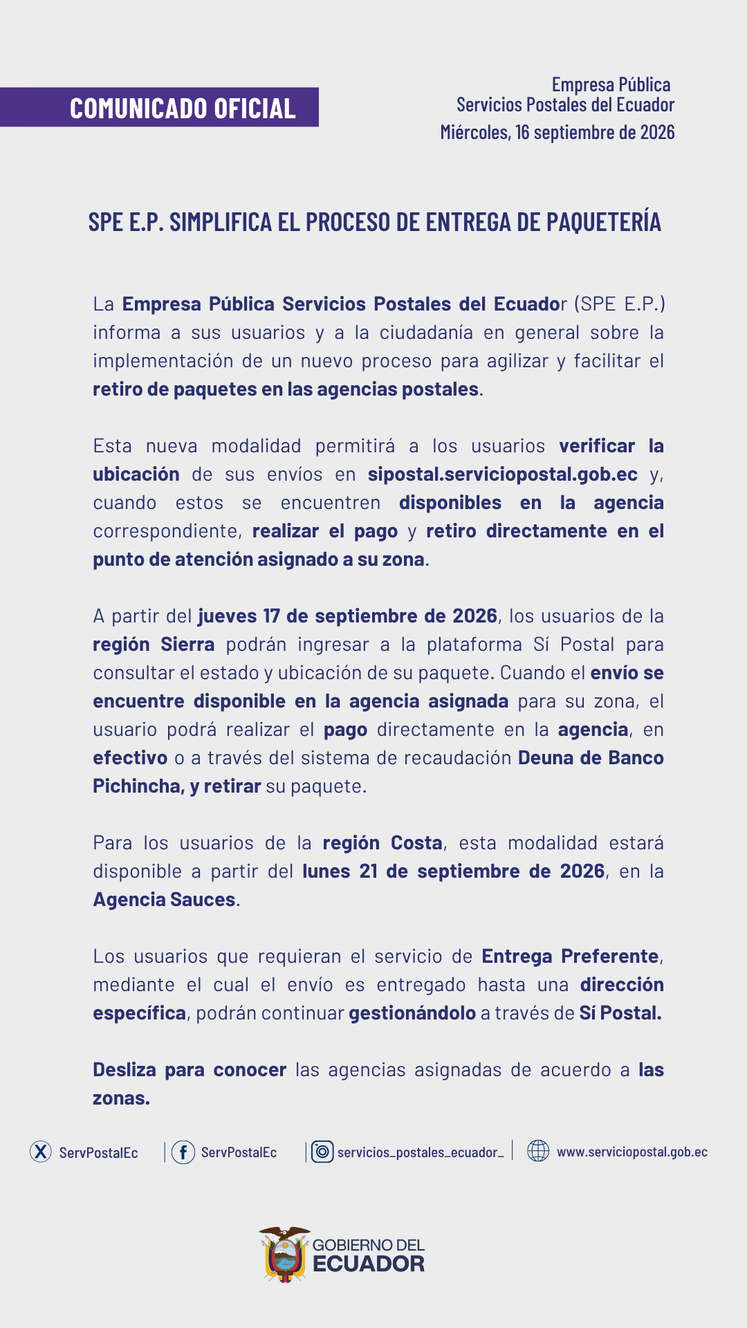 Comunicado Entrega en agencias para sipostal